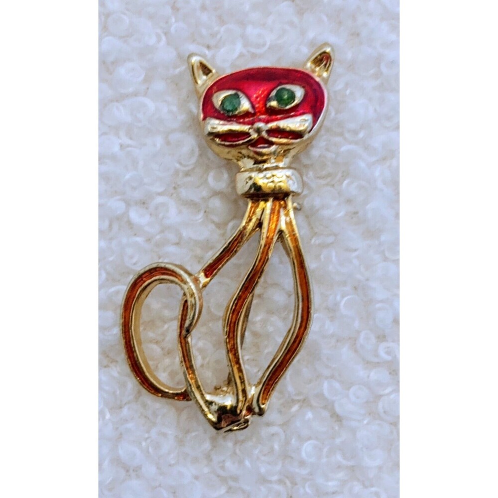 Vintage Estate Unsigned Goldtone Red Enamel Cat Brooch Green Rhinestone Eyes